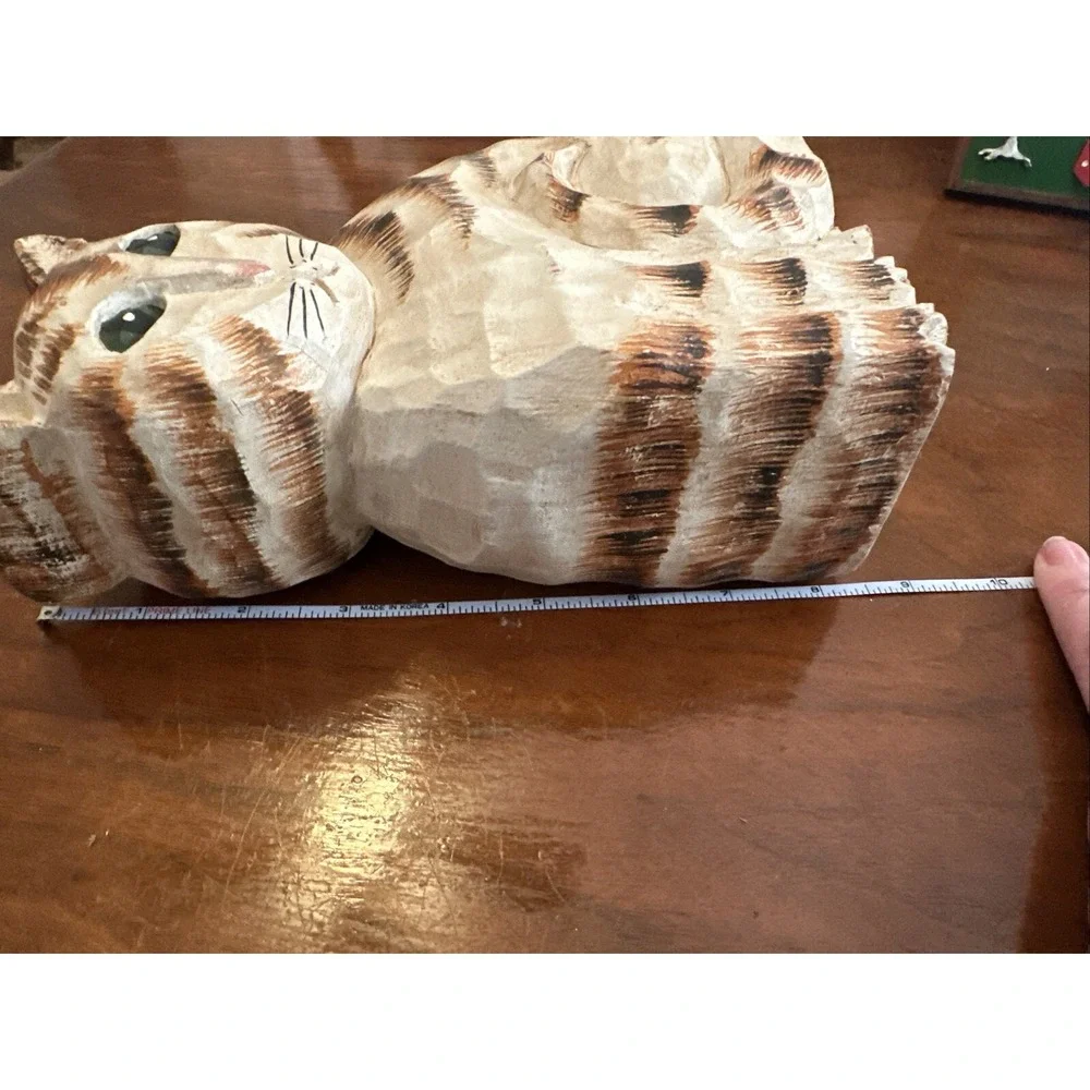 James Haddon Folk Art Wood Carved Striped Cat Figurine Signed
